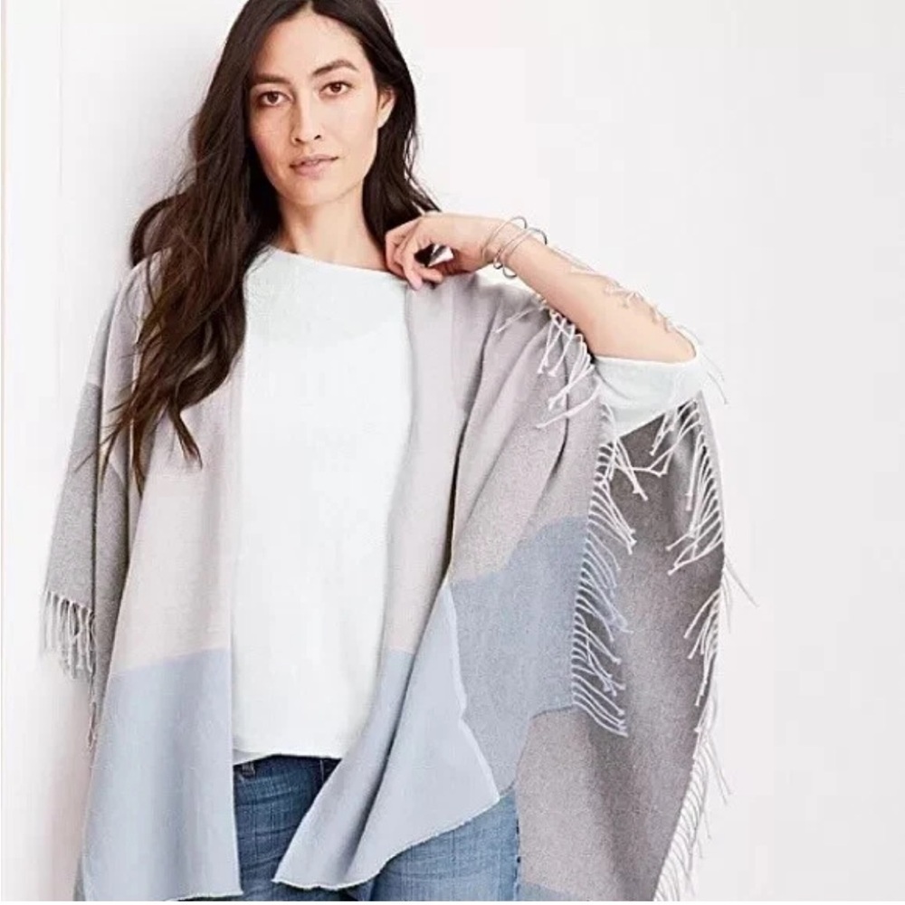 New EILEEN Fisher block Cotton Poncho W/ Fringed Reclaimed-Cotton Serape